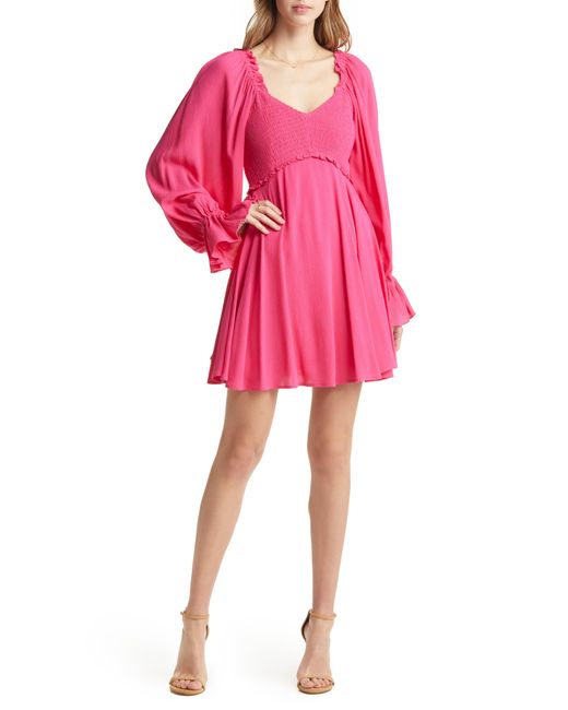 Vici Collection Pink Smocked Long Sleeve Babydoll Dress