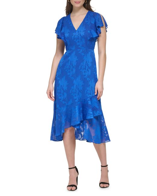 Kensie Blue Flutter Sleeve Burnout Chiffon Midi Dress