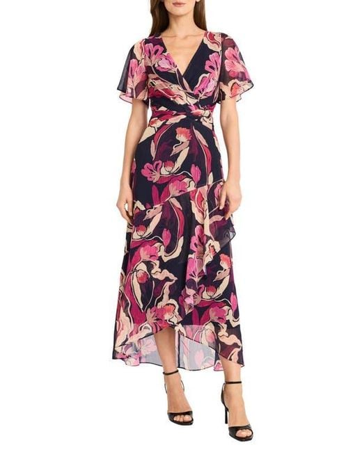 Maggy London Red Printed Chiffon Maxi Dress
