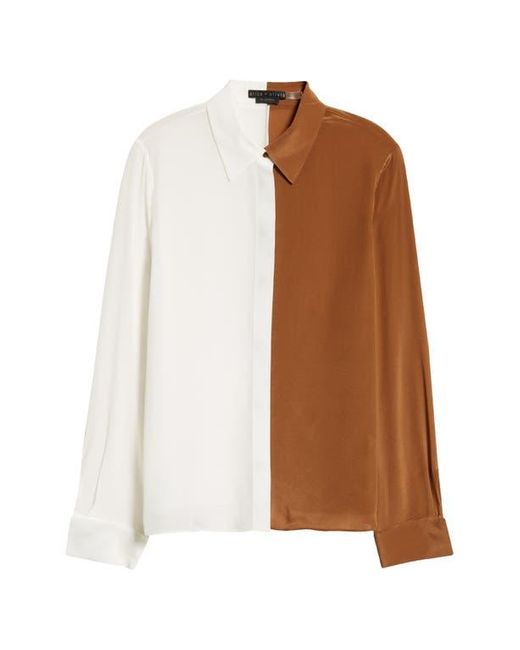 Alice + Olivia Brown Willa Colorblock Silk Button-Up Shirt