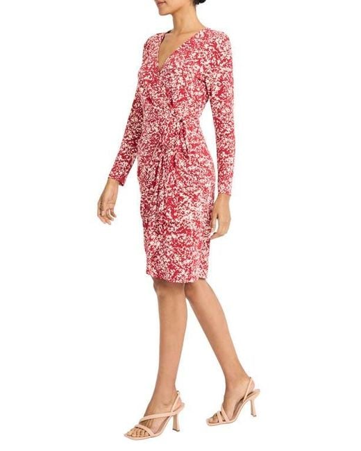 Maggy London Red Print Long Sleeve Wrap Dress