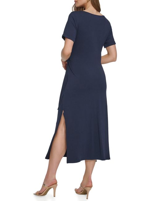 DKNY Blue Wrap Detail Stretch Cotton Midi Dress