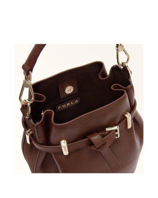 Furla Aura Mini Drawstring Leather Bucket Bag in Brown | Lyst