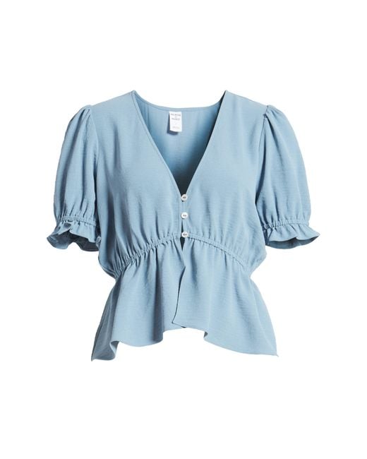Melrose and Market Blue Button Detail Puff Sleeve Top