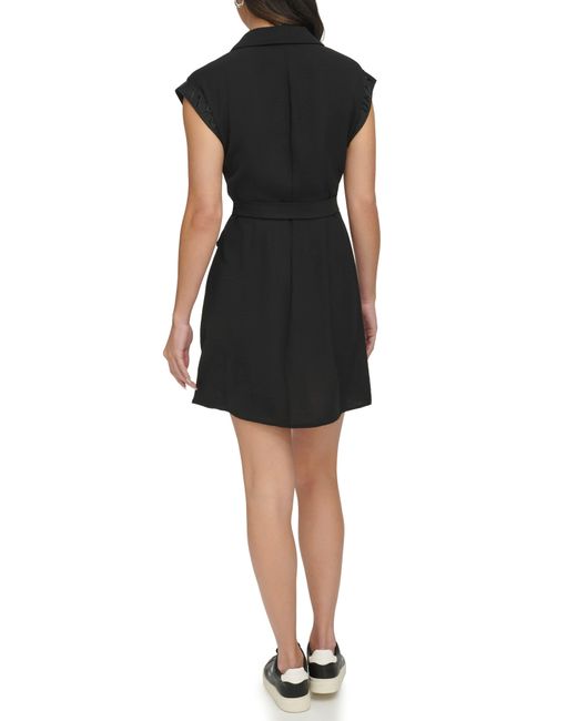 DKNY Black Logo Cap Sleeve Tie Waist Dress