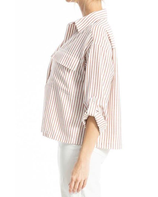 Max Studio White Grid Print Roll Sleeve Popover Shirt