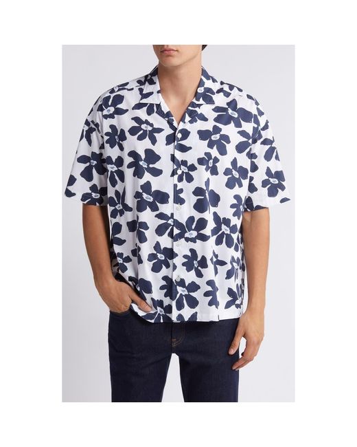 Boss Blue Drew Palm Print Stretch Camp Shirt for men