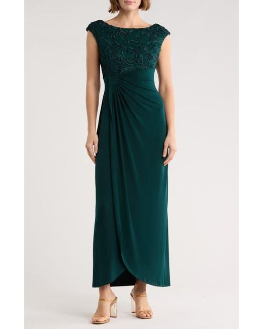 Connected Apparel Green Soutache Sleeveless Faux Wrap Gown