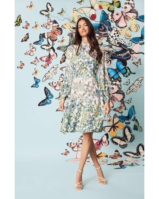 Maggy London Blue Floral Print Long Sleeve Dress