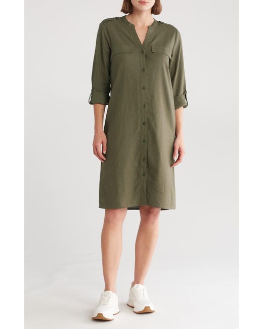 Calvin Klein Green Front Button Long Sleeve Linen Blend Dress