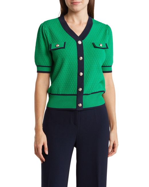 Nanette Lepore Green Pointelle Colorblock Short Sleeve Sweater