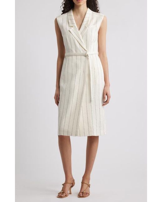 Boss White Drupe Pinstripe Linen Blend Dress