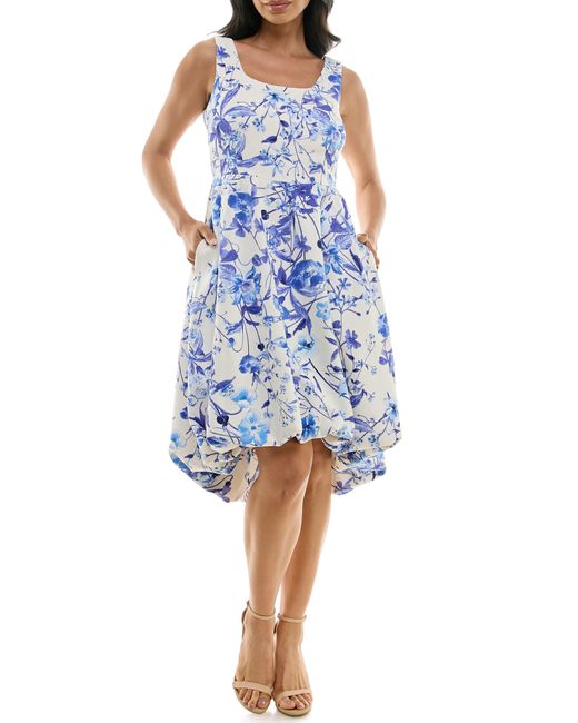 Nina Leonard Blue Sleeveless Floral High-low Dress