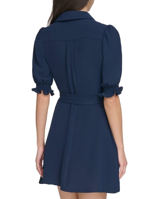 DKNY Blue Short Sleeve Belted Faux Wrap Dress