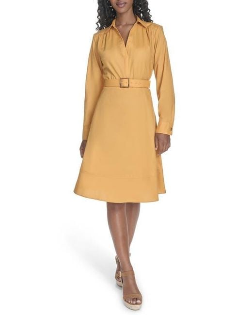 Calvin Klein Belted Long Sleeve Dress in Yellow | Lyst