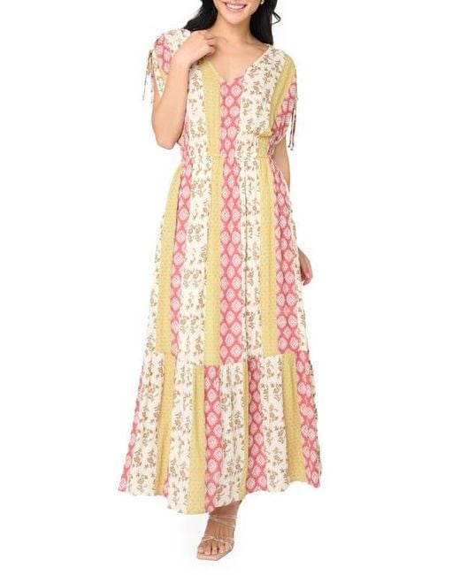 Gibsonlook White Print Cinch Sleeve Maxi Dress