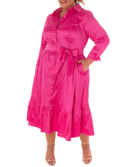 Taylor Dresses Pink Stretch Taffeta Midi Shirtdress