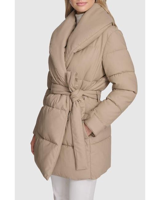 Andrew Marc Natural Adela Faux Leather Shawl Collar Quilted Wrap Coat
