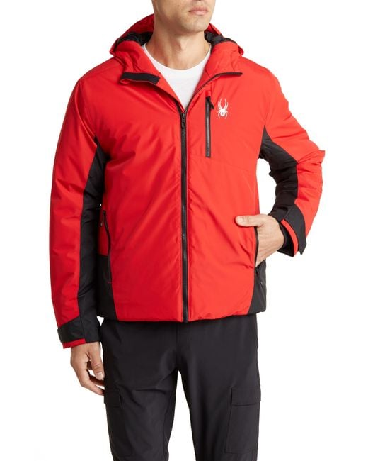 Spyder Red Colorblock Hooded Ski Jacket for men