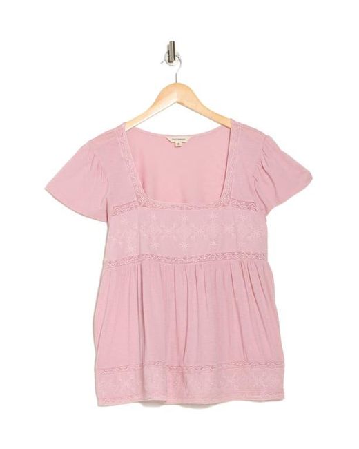 Lucky Brand Pink Embroidered Square Neck Cotton & Modal Top