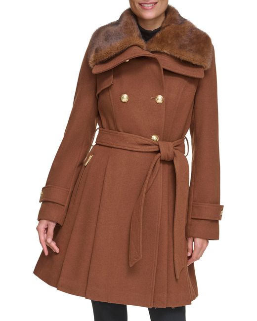 Guess Faux Fur Collar Double Breasted Belted Coat in Brown Lyst