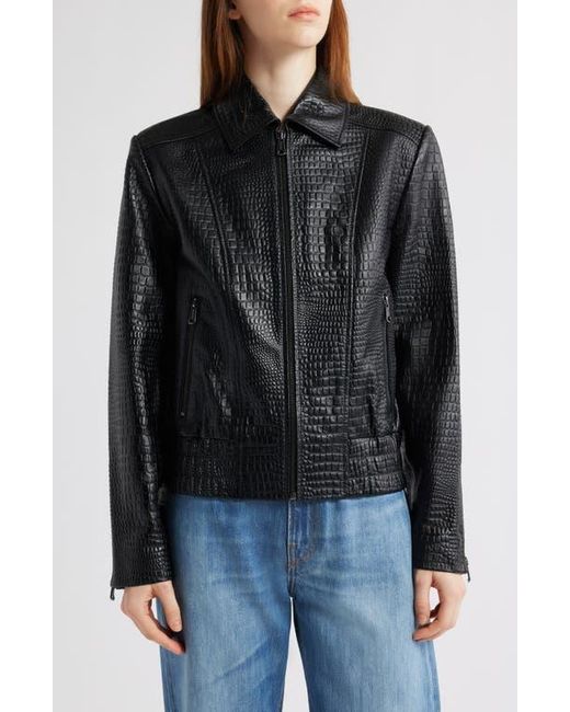 Bernardo Black Short Croc-Embossed Leather Jacket
