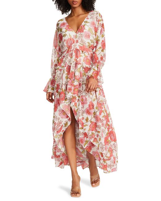 Steve Madden Red Sol Floral Long Sleeve High-low Maxi Dress