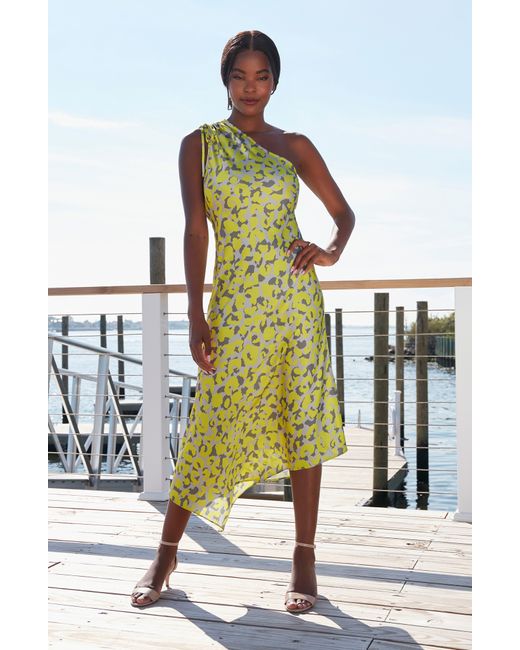 London Times Yellow Ruched Asymmetric One-shoulder Maxi Dress
