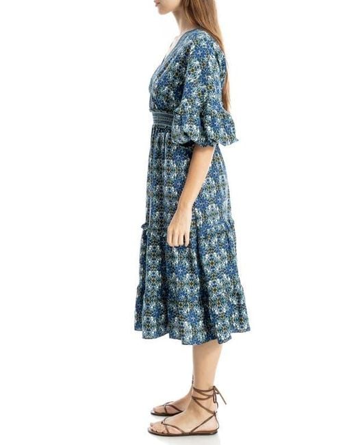 Max Studio Blue Elbow Sleeve Ruffle Midi Dress