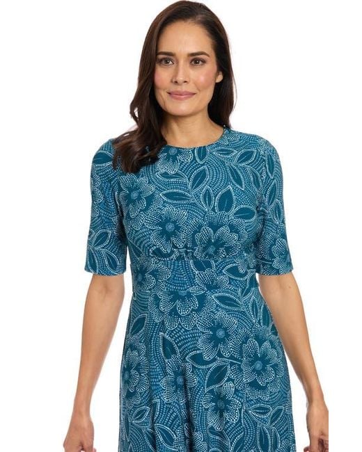 London Times Blue Floral Short Sleeve Inset Waist Midi Dress