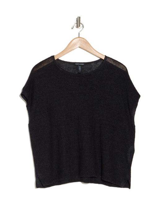 Eileen Fisher Black Open Stitch Short Sleeve Organic Cotton Sweater