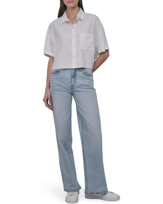 DKNY White Oversize Linen Blend Crop Button-Up Shirt