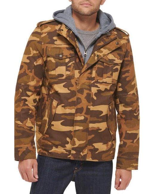 Levi's Brown Washed Cotton Faux Shearling Lined Hooded Military Jacket for men