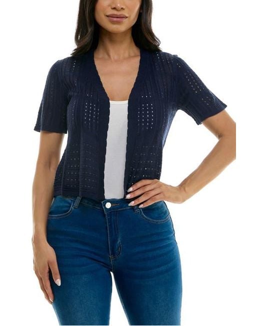 Nina Leonard Blue Open Stitch Short Sleeve Bolero