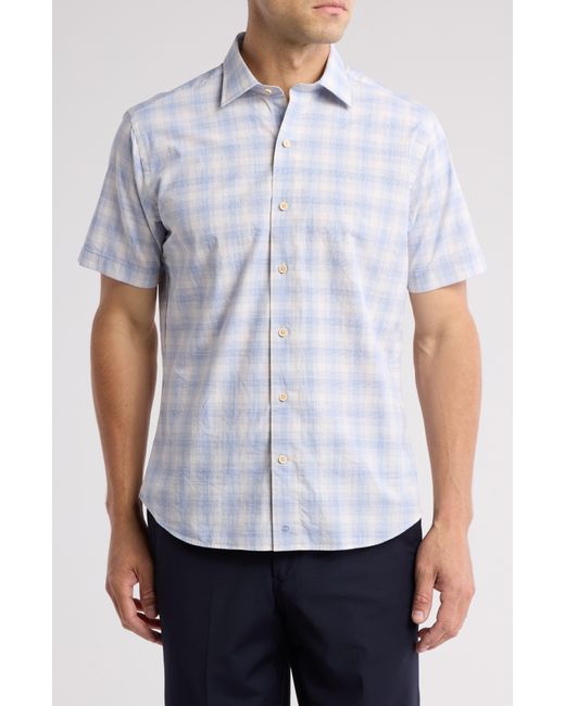 David Donahue White Check Poplin Casual Short Sleeve Cotton Button-up Shirt for men
