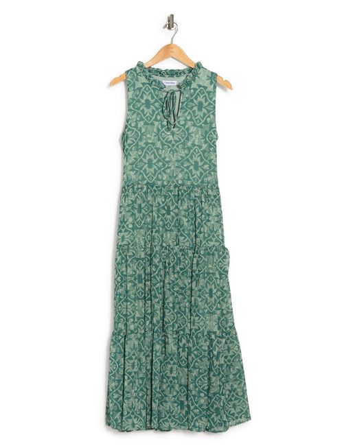 Calvin Klein Tie Neck Sleeveless Tiered Maxi Dress In Sequoia Multi At
