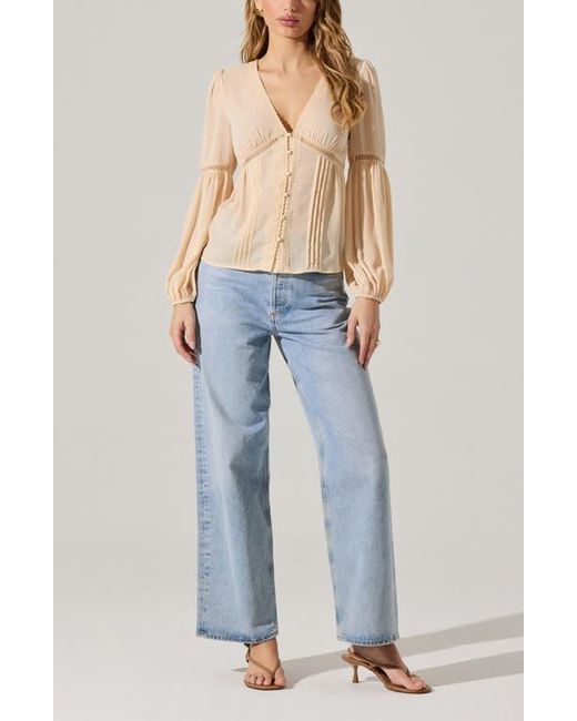 Astr Blue Button Front Long Sleeve Top