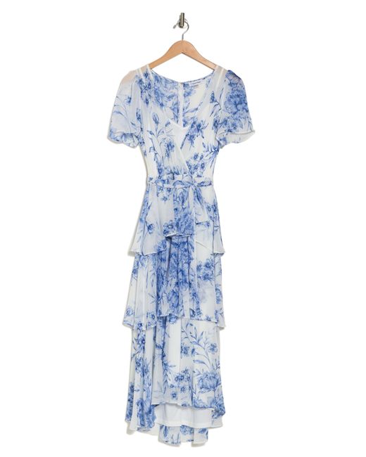 Calvin Klein Blue Floral Short Sleeve Tiered Chiffon Maxi Dress