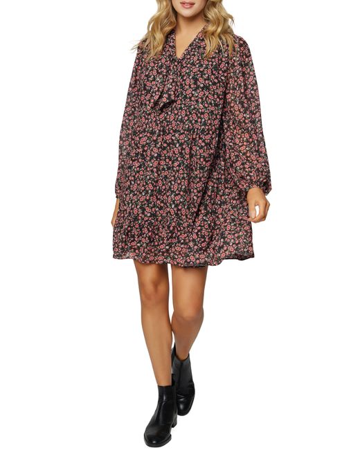LOST AND WANDER Red Lost + Wander Rose Garden Tie Neck Long Sleeve Minidress