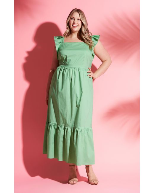 London Times Green Ruffle Cap Sleeve Maxi Dress