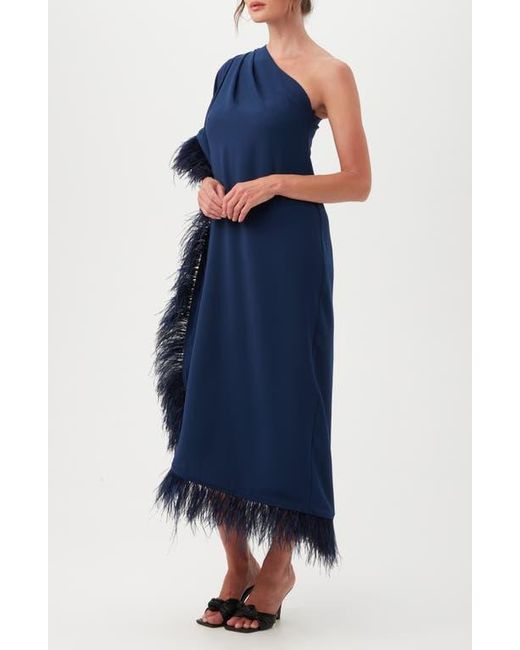 Trina Turk Blue Largo One-Shoulder Feather Trim Caftan Maxi Dress