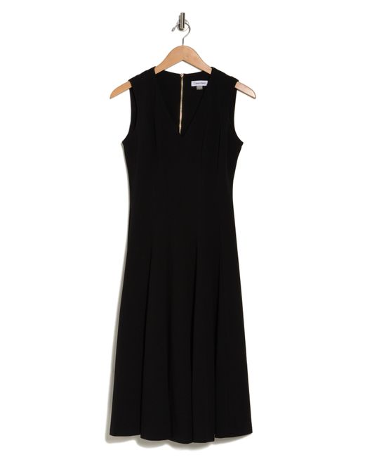 Calvin Klein Black V-neck Seamed Fit & Flare Midi Dress