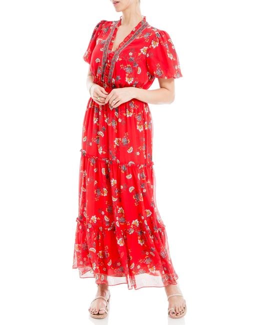 Max Studio Red Georgette Smocked Maxi Dress