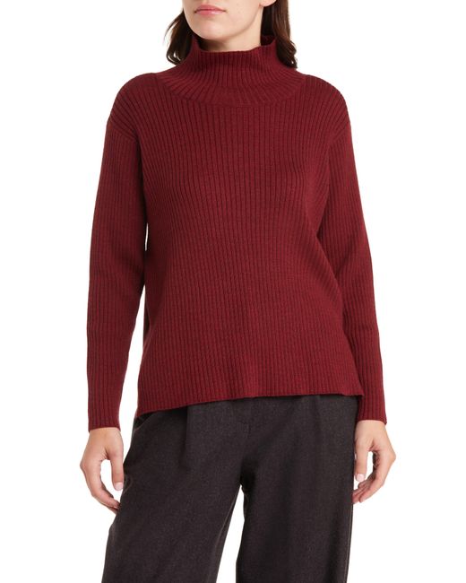 Eileen Fisher Red Mock Neck Wool Ribbed Sweater