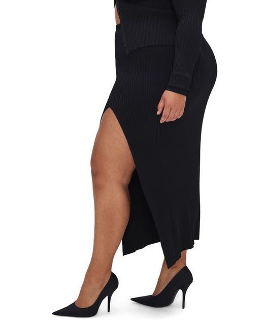 GOOD AMERICAN Black Shine Ribbed Slit Midi Skirt