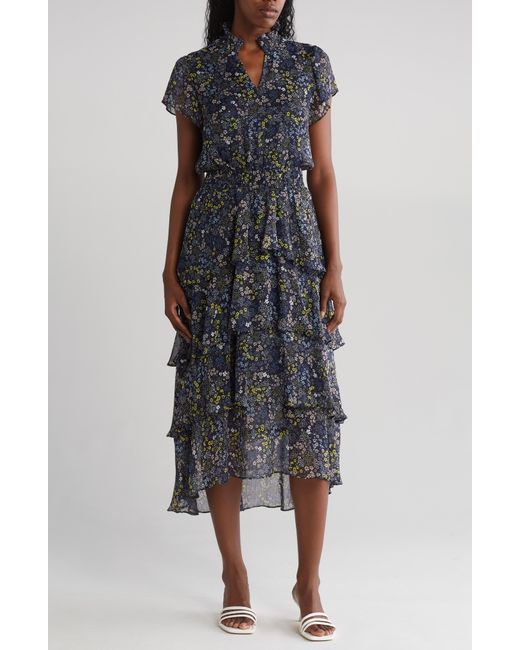 1.STATE Black Floral Tiered High-low Dress