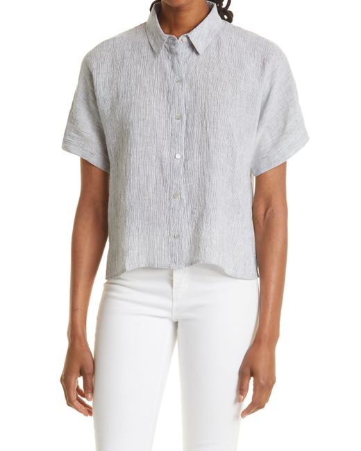 Eileen Fisher White Organic Linen Button-up Blouse