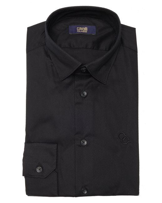 Class Roberto Cavalli Black Slim Fit Textured Dress Shirt for men