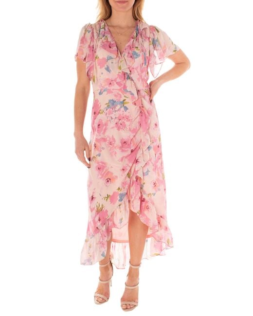 Taylor Dresses Pink Floral Flutter Sleeve Ruffle Maxi Dress