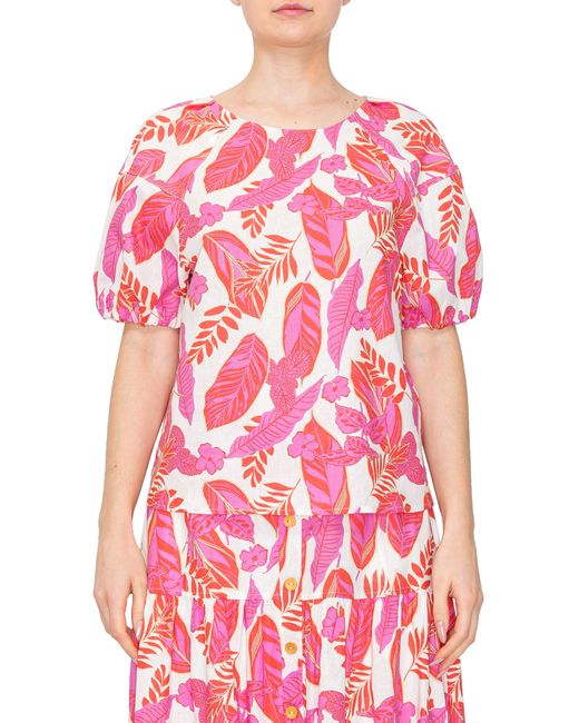 MELLODAY Pink Tropical Print Puff Sleeve Top